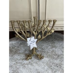 Gold Leaf Hanukkah Menorah Candle‎ Holder New Tripod Stand